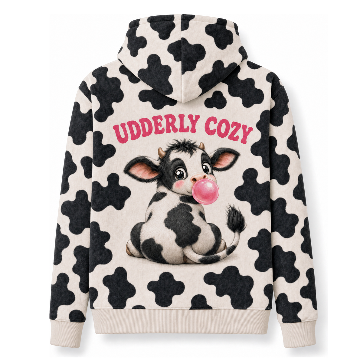 Moo-ve Over I'm Cozy Cow Print Hoodie – Bubble Gum Cow, Udderly Cozy Back Print, Unisex