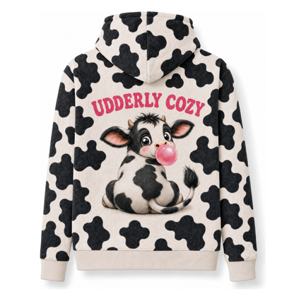 Moo-ve Over I'm Cozy Cow Print Hoodie – Bubble Gum Cow, Udderly Cozy Back Print, Unisex