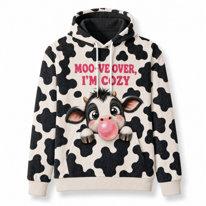 Moo-ve Over I'm Cozy Cow Print Hoodie – Bubble Gum Cow, Udderly Cozy Back Print, Unisex