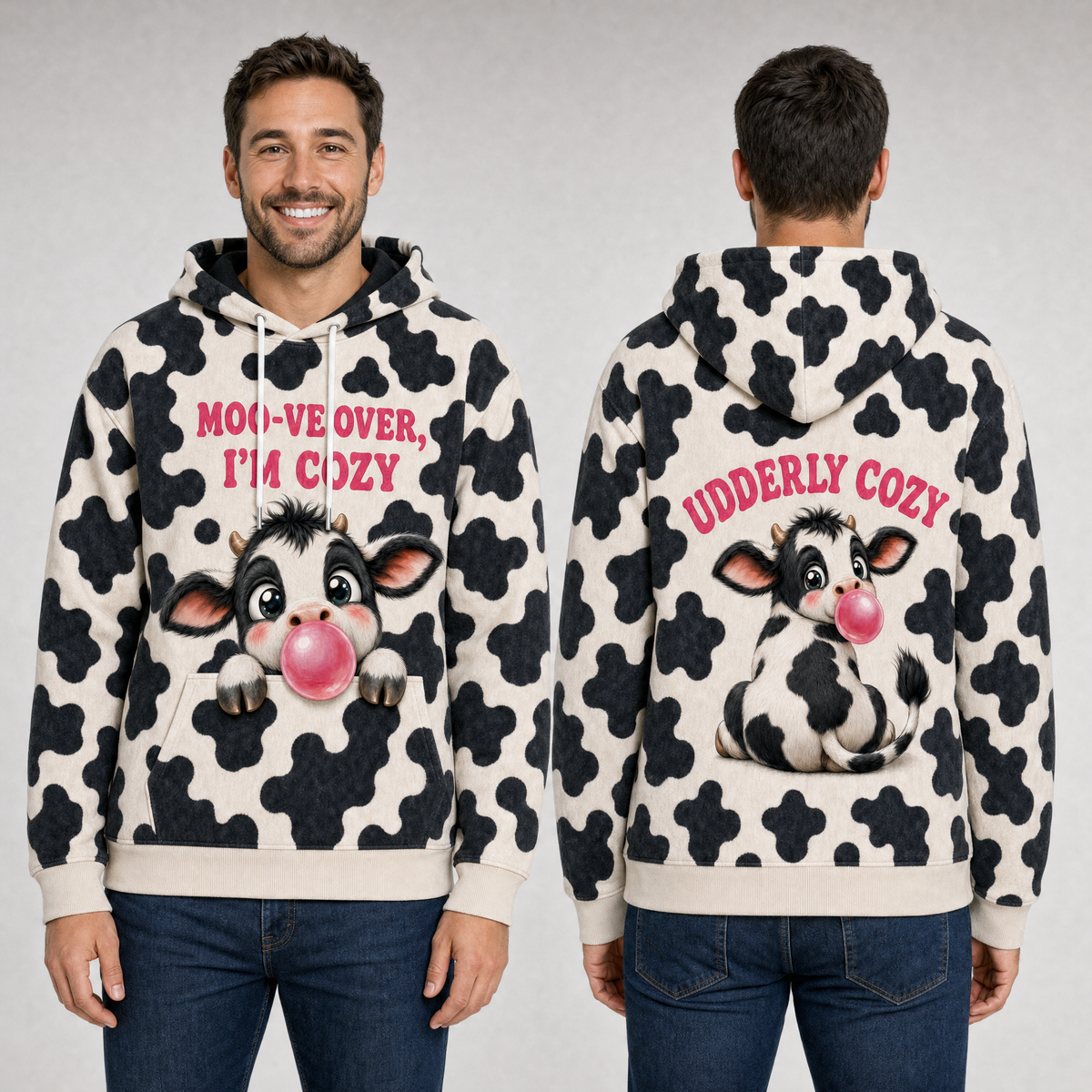 Moo-ve Over I'm Cozy Cow Print Hoodie – Bubble Gum Cow, Udderly Cozy Back Print, Unisex