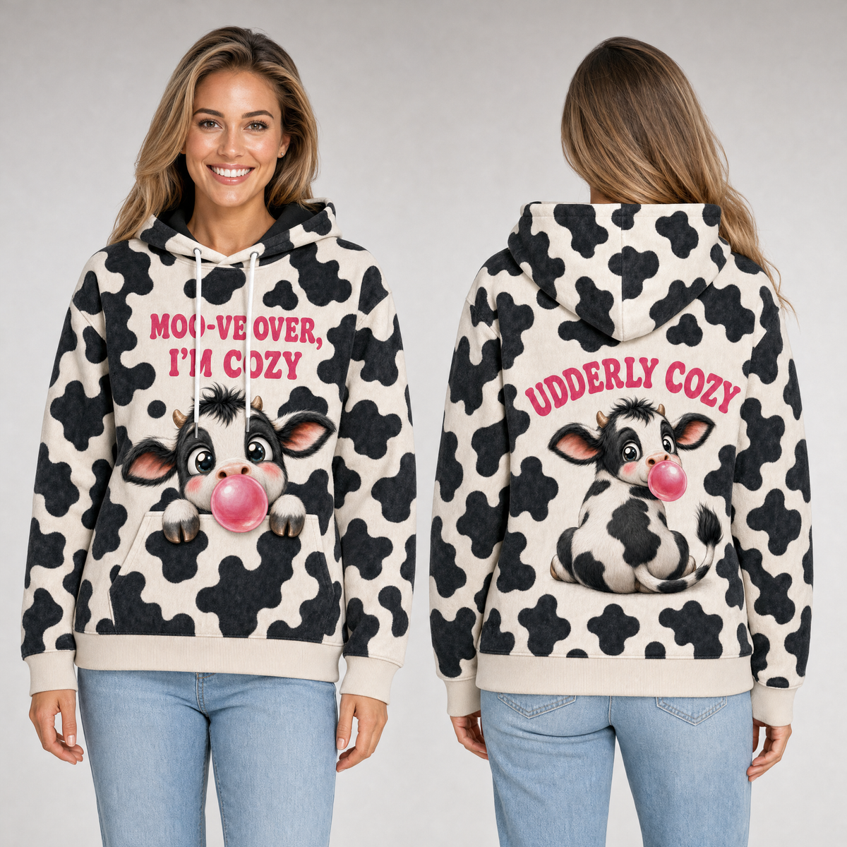 Moo-ve Over I'm Cozy Cow Print Hoodie – Bubble Gum Cow, Udderly Cozy Back Print, Unisex