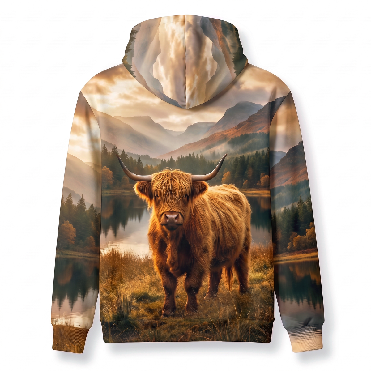 Highland Cow Hoodie – Scottish Loch Landscape All-Over Print Unisex Pullover Hoodie