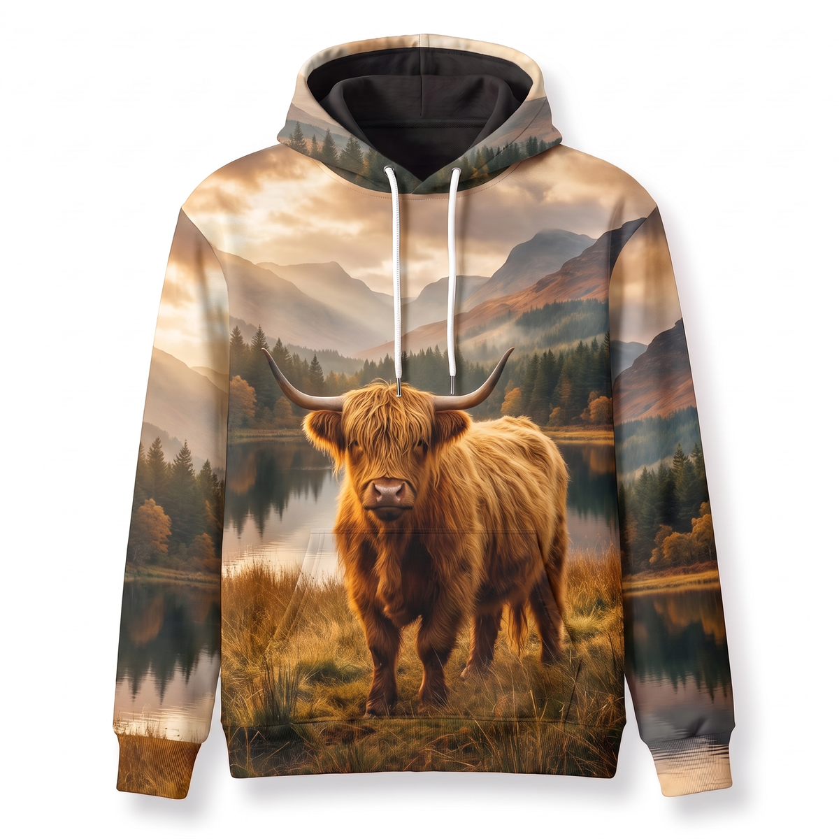 Highland Cow Hoodie – Scottish Loch Landscape All-Over Print Unisex Pullover Hoodie