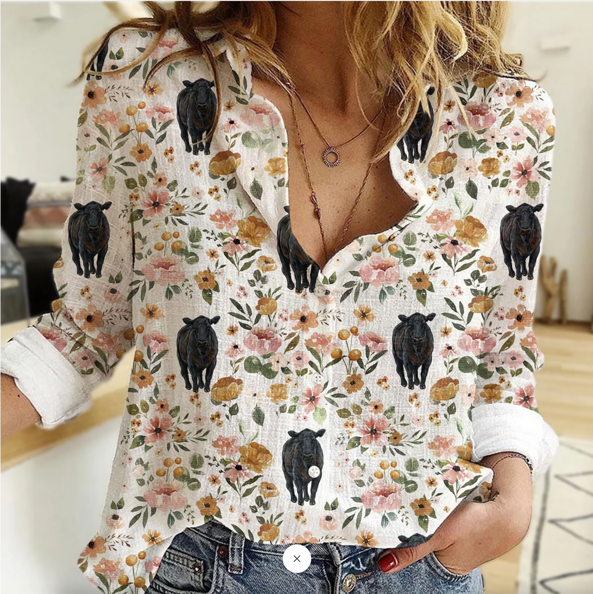 Women's Black Angus Cow Floral Print Button Down Shirt | Watercolor Cattle Flower Long Sleeve Casual Shirt