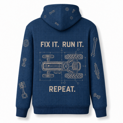 Old Iron Never Quits Vintage Tractor Hoodie – Blueprint All-Over Print, Fix It Run It Repeat