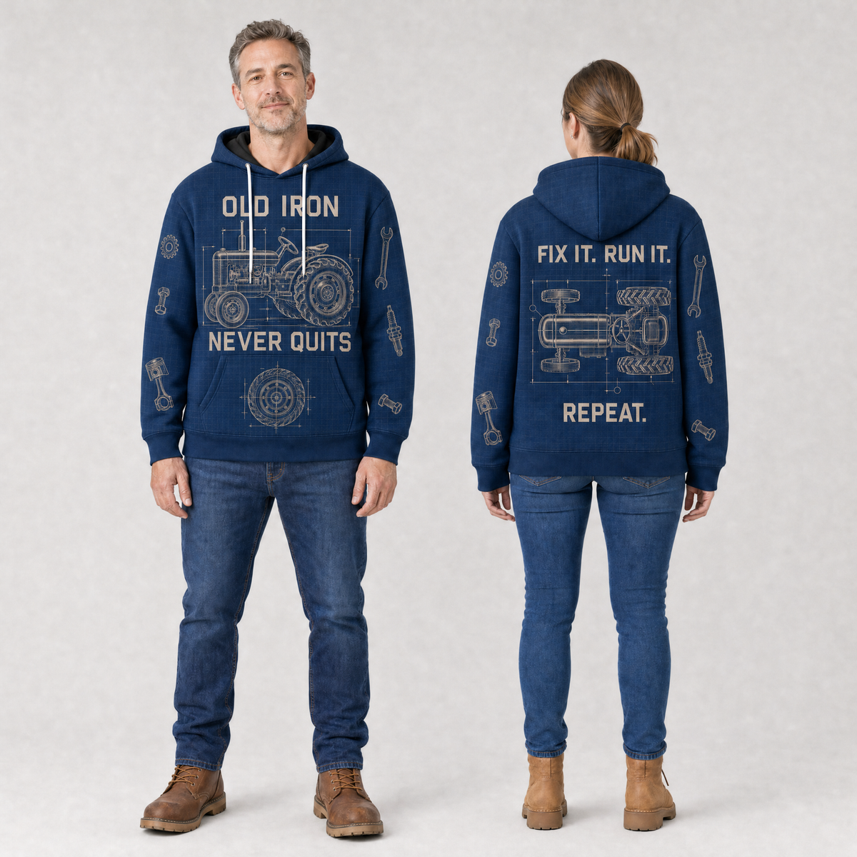 Old Iron Never Quits Vintage Tractor Hoodie – Blueprint All-Over Print, Fix It Run It Repeat
