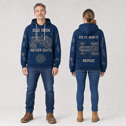Old Iron Never Quits Vintage Tractor Hoodie – Blueprint All-Over Print, Fix It Run It Repeat