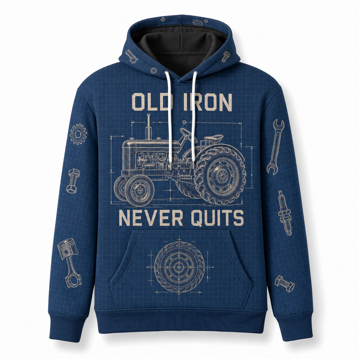 Old Iron Never Quits Vintage Tractor Hoodie – Blueprint All-Over Print, Fix It Run It Repeat
