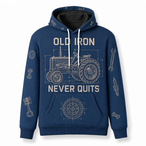 Old Iron Never Quits Vintage Tractor Hoodie – Blueprint All-Over Print, Fix It Run It Repeat