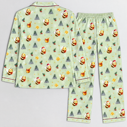 Merry Beesmas Christmas Bee Pajama Set for Women – Honey Bee Satin-Feel Holiday PJs, Gift for Beekeepers