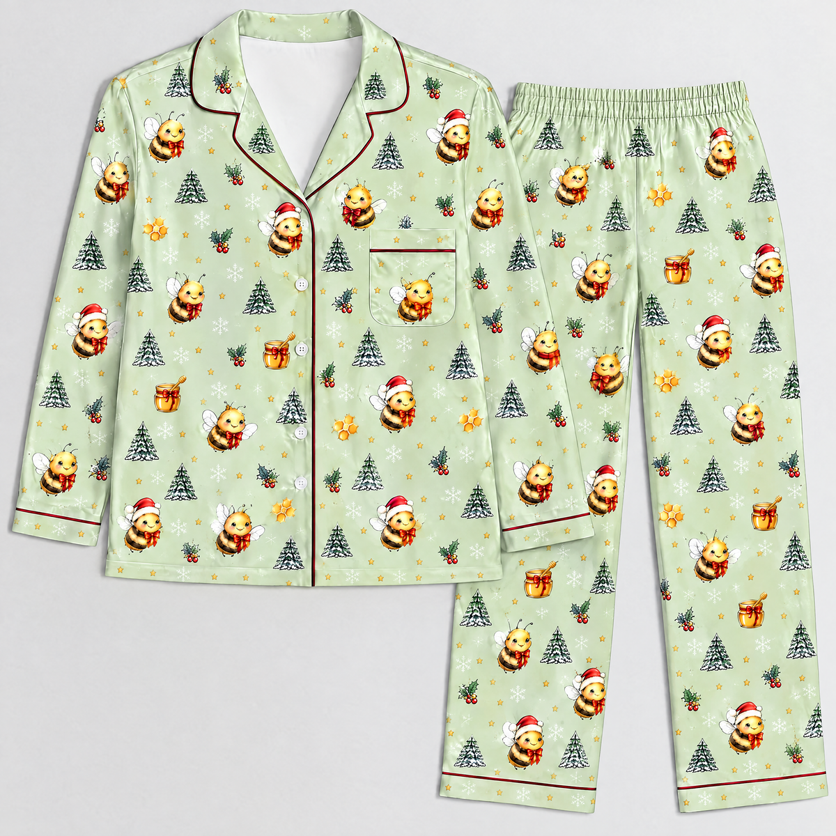 Merry Beesmas Christmas Bee Pajama Set for Women – Honey Bee Satin-Feel Holiday PJs, Gift for Beekeepers