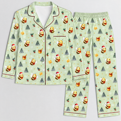 Merry Beesmas Christmas Bee Pajama Set for Women – Honey Bee Satin-Feel Holiday PJs, Gift for Beekeepers