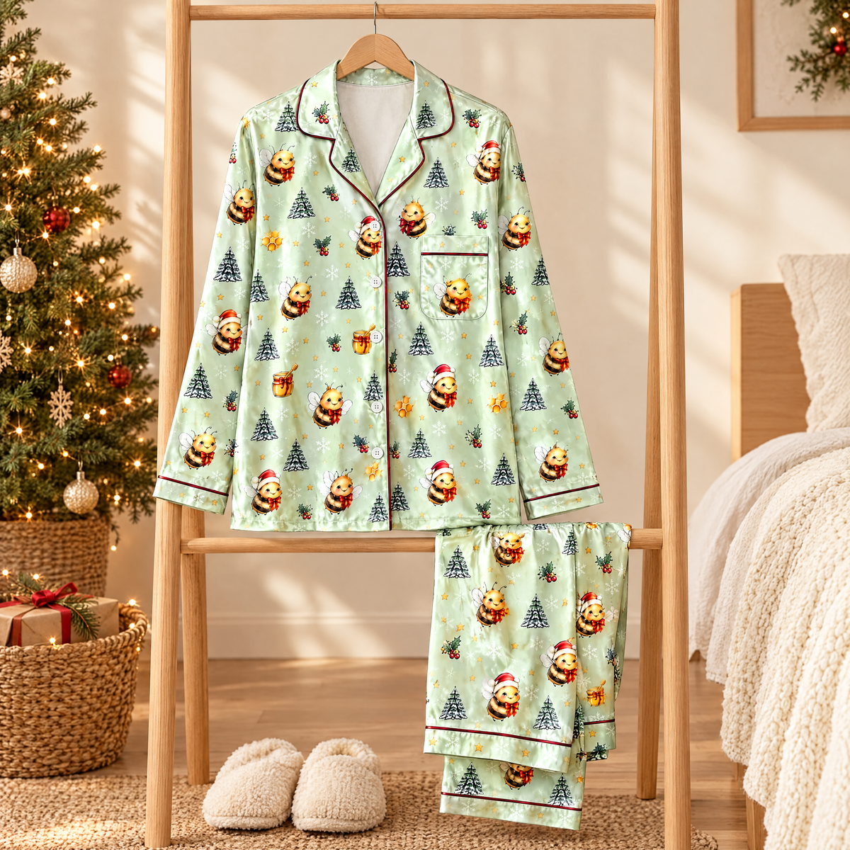 Merry Beesmas Christmas Bee Pajama Set for Women – Honey Bee Satin-Feel Holiday PJs, Gift for Beekeepers