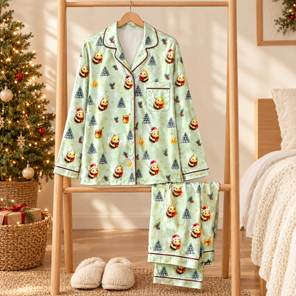 Merry Beesmas Christmas Bee Pajama Set for Women – Honey Bee Satin-Feel Holiday PJs, Gift for Beekeepers
