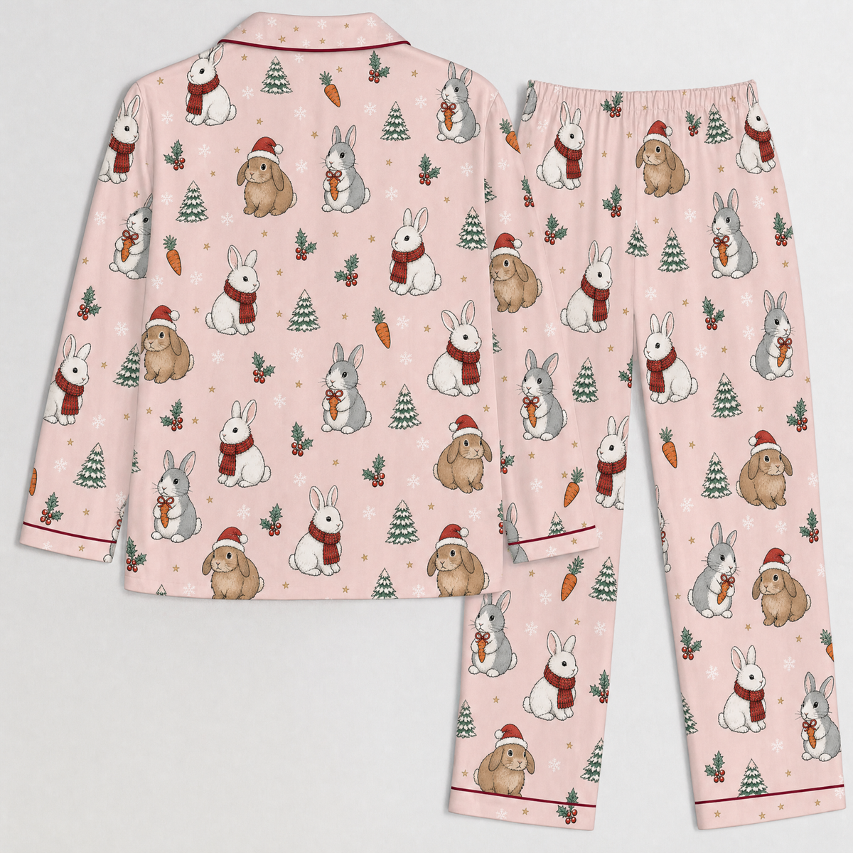 Christmas Bunny Pajama Set for Women – Pink Satin-Feel Holiday Button-Up PJs, Gift for Bunny Lovers