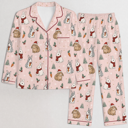 Christmas Bunny Pajama Set for Women – Pink Satin-Feel Holiday Button-Up PJs, Gift for Bunny Lovers