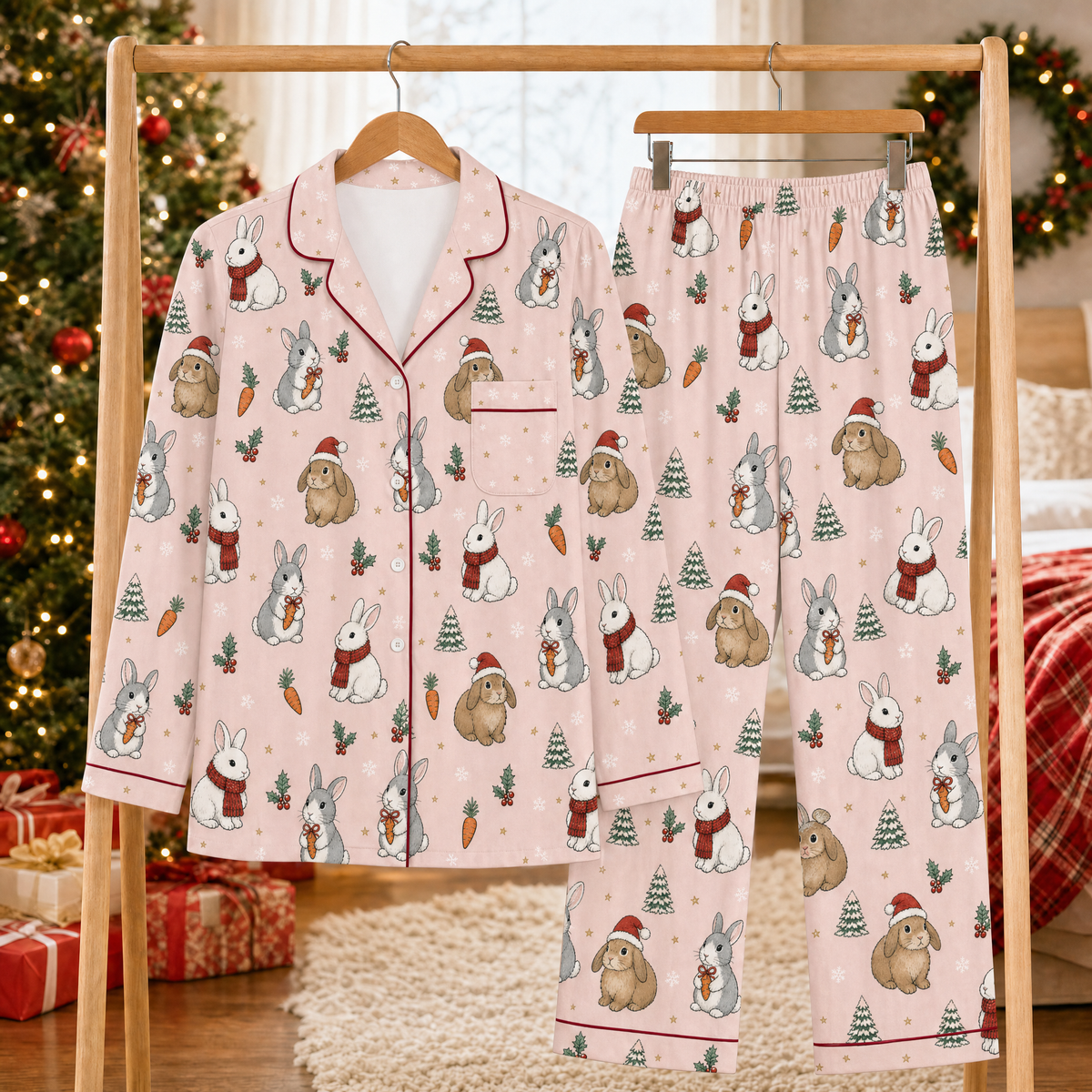 Christmas Bunny Pajama Set for Women – Pink Satin-Feel Holiday Button-Up PJs, Gift for Bunny Lovers