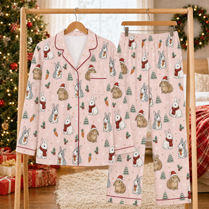Christmas Bunny Pajama Set for Women – Pink Satin-Feel Holiday Button-Up PJs, Gift for Bunny Lovers
