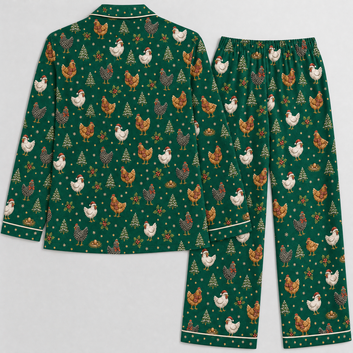 Christmas Chicken Pajama Set for Women – Satin-Feel Holiday Button-Up PJs, Gift for Chicken Lovers