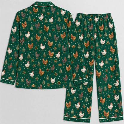 Christmas Chicken Pajama Set for Women – Satin-Feel Holiday Button-Up PJs, Gift for Chicken Lovers