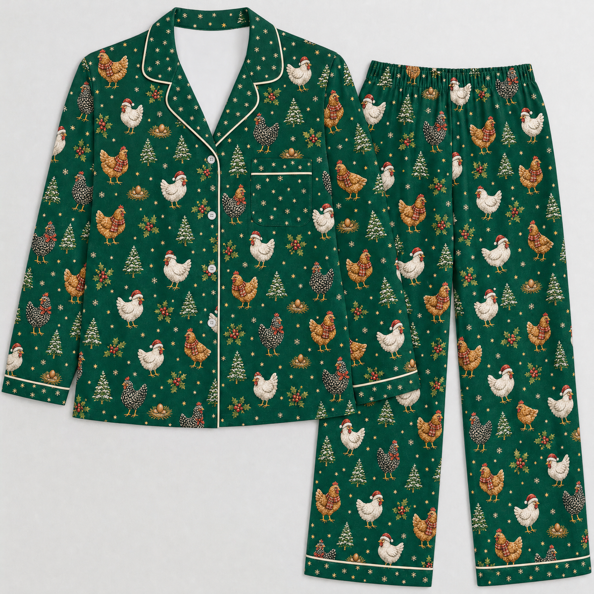 Christmas Chicken Pajama Set for Women – Satin-Feel Holiday Button-Up PJs, Gift for Chicken Lovers