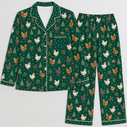Christmas Chicken Pajama Set for Women – Satin-Feel Holiday Button-Up PJs, Gift for Chicken Lovers