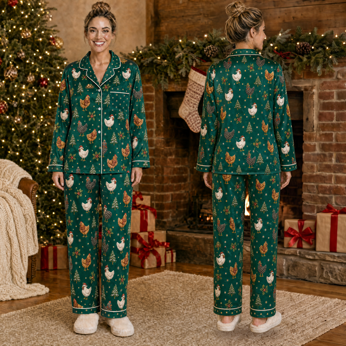 Christmas Chicken Pajama Set for Women – Satin-Feel Holiday Button-Up PJs, Gift for Chicken Lovers