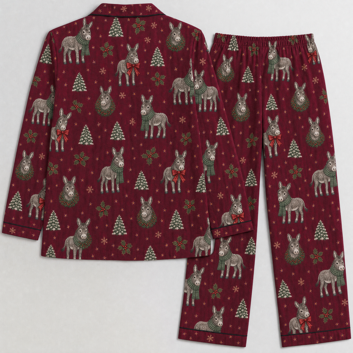 Christmas Donkey Pajama Set for Women – Cozy Holiday Satin Button-Up PJs, Long Pants