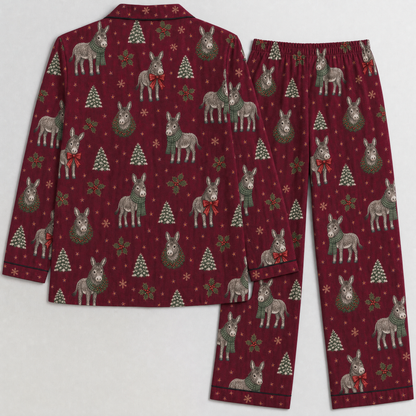 Christmas Donkey Pajama Set for Women – Cozy Holiday Satin Button-Up PJs, Long Pants