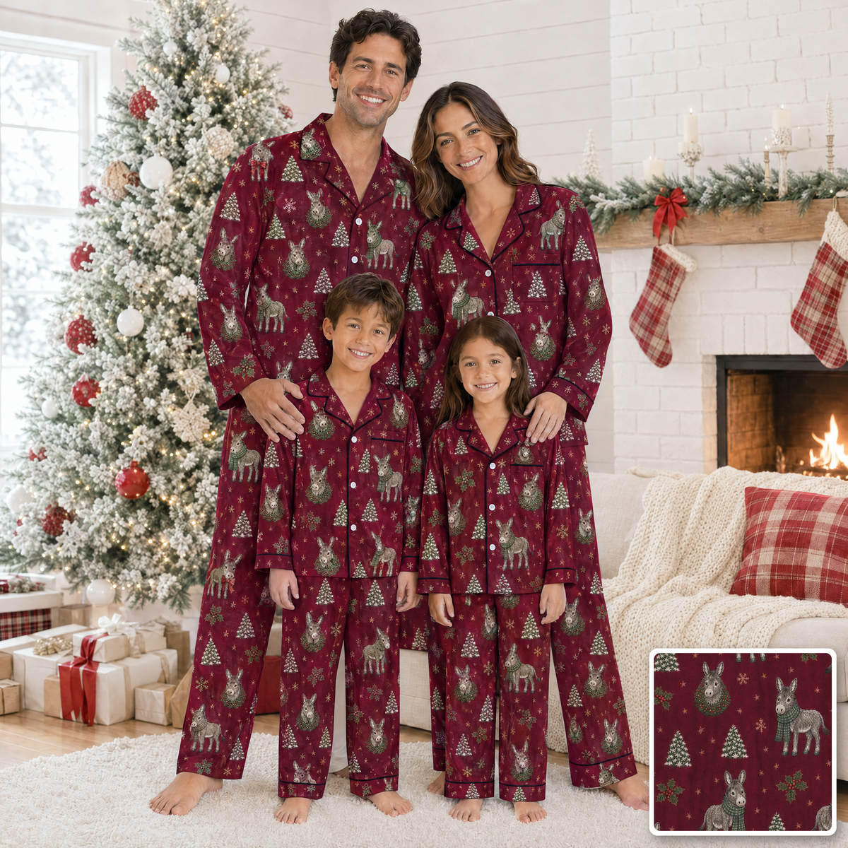 Matching Family Christmas Donkey Pajamas – Men, Women & Kids Satin-Feel Holiday PJ Sets