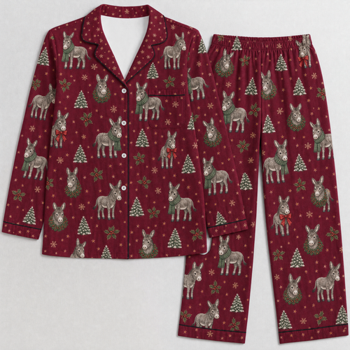 Christmas Donkey Pajama Set for Women – Cozy Holiday Satin Button-Up PJs, Long Pants