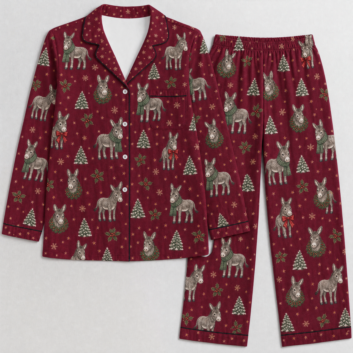 Matching Family Christmas Donkey Pajamas – Men, Women & Kids Satin-Feel Holiday PJ Sets