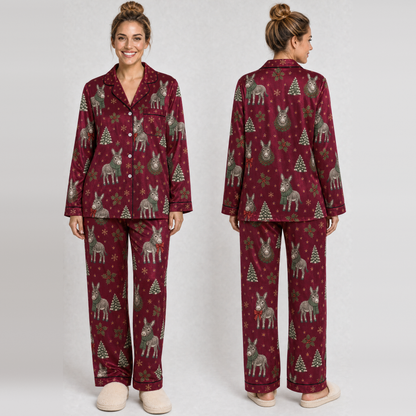 Christmas Donkey Pajama Set for Women – Cozy Holiday Satin Button-Up PJs, Long Pants