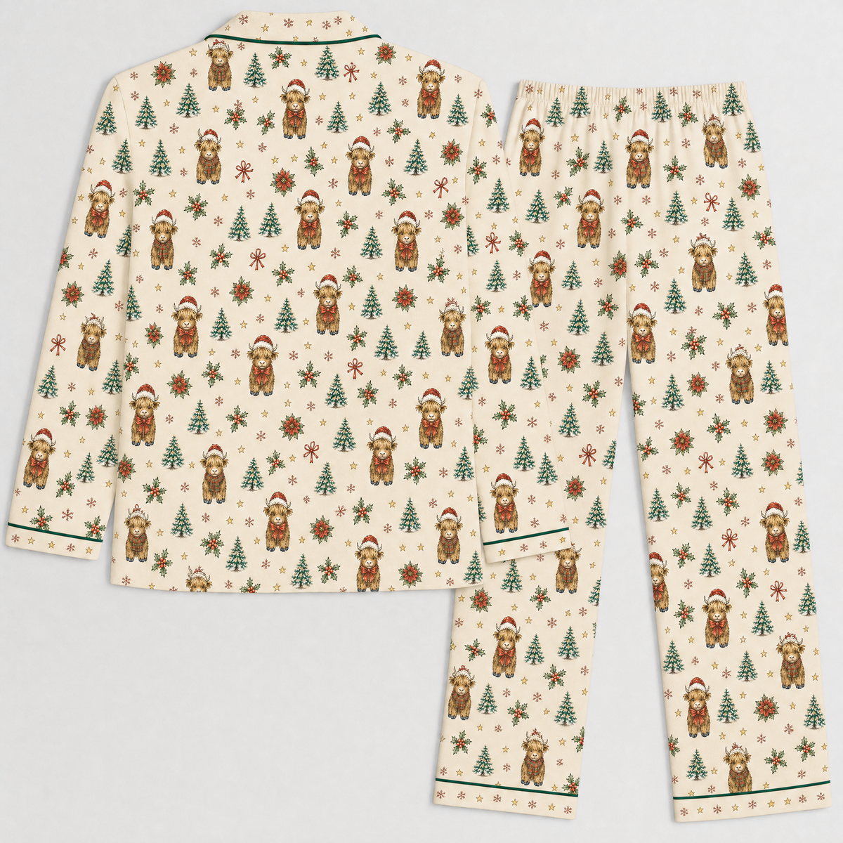 Personalized Christmas Highland Cow Pajama Set for Women – Custom Name, Satin-Feel Holiday PJs