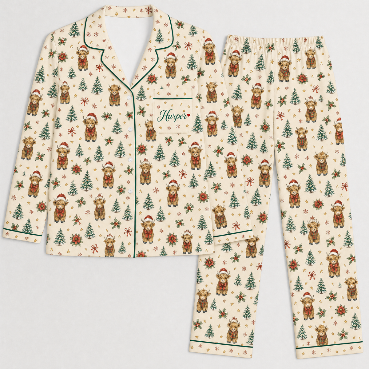 Personalized Christmas Highland Cow Pajama Set for Women – Custom Name, Satin-Feel Holiday PJs