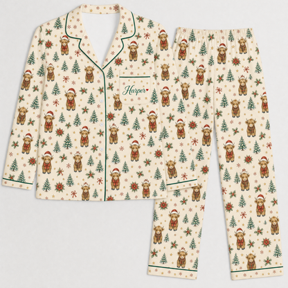 Personalized Christmas Highland Cow Pajama Set for Women – Custom Name, Satin-Feel Holiday PJs