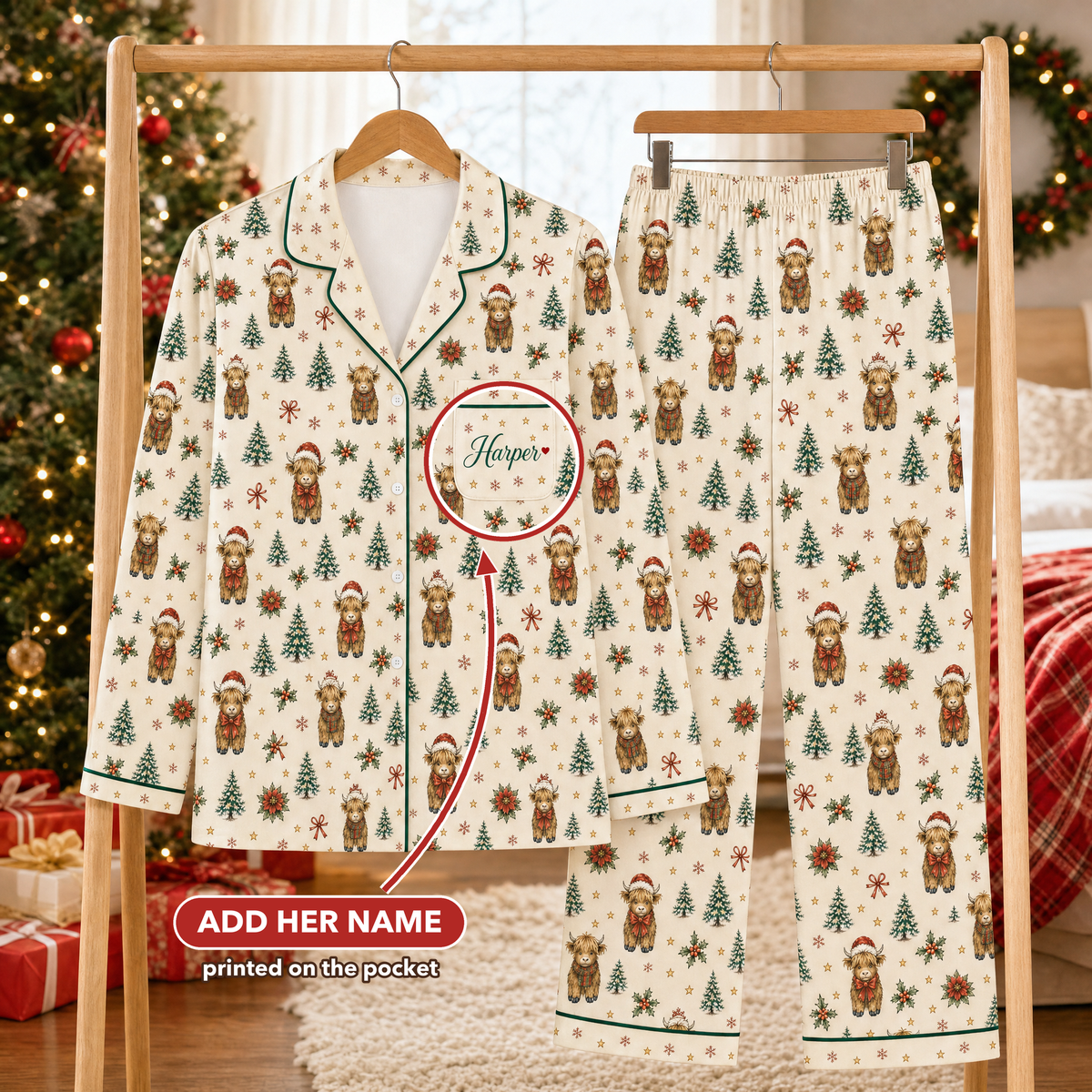 Personalized Christmas Highland Cow Pajama Set for Women – Custom Name, Satin-Feel Holiday PJs