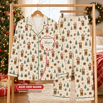 Personalized Christmas Highland Cow Pajama Set for Women – Custom Name, Satin-Feel Holiday PJs