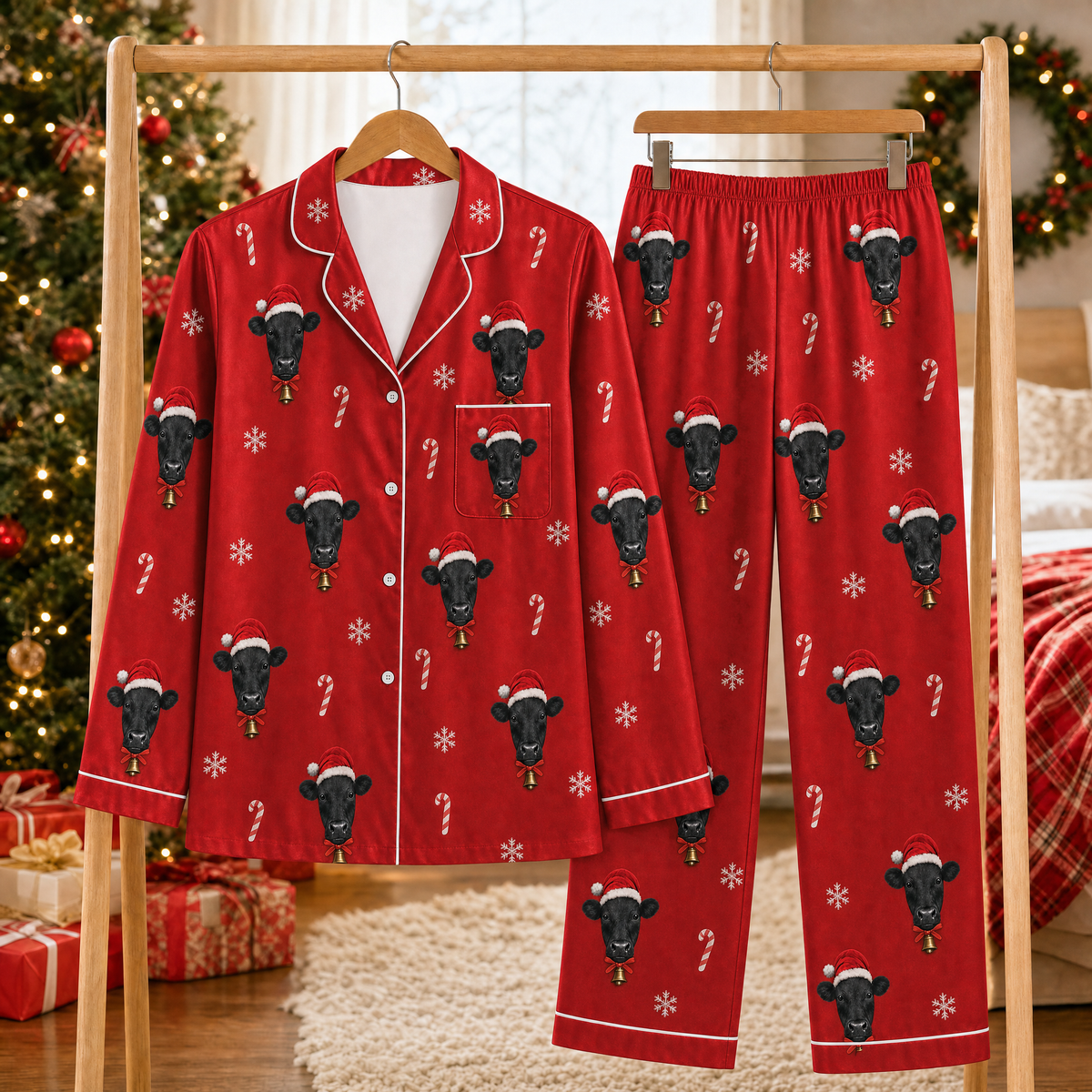Matching Family Christmas Cow Pajamas – Black Angus, Men, Women & Kids Holiday PJ Sets
