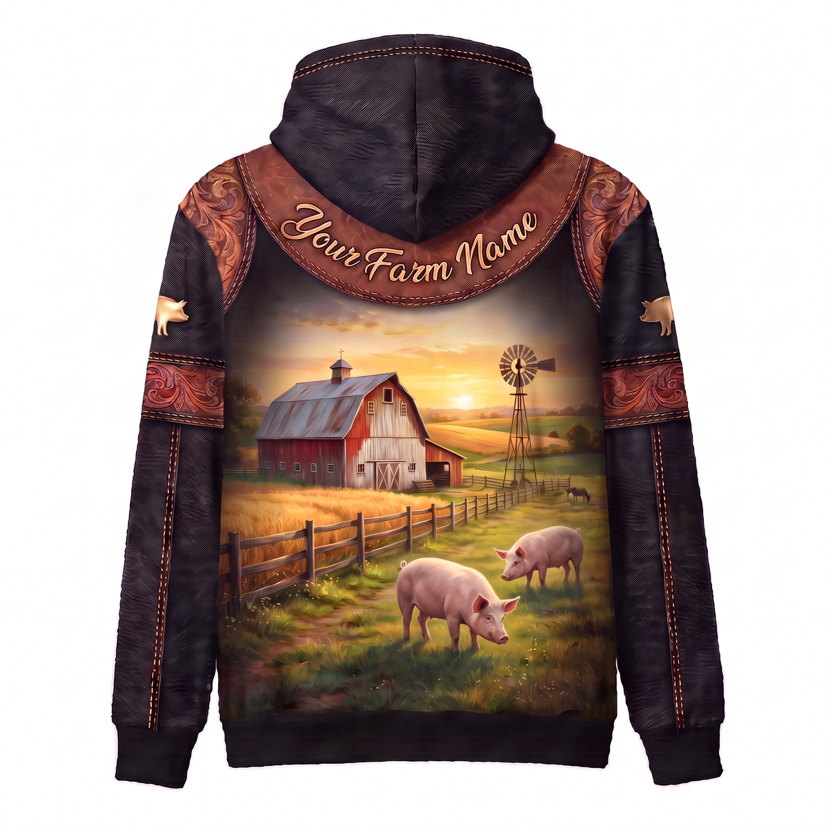 3D Print Pig Ranch Hoodie (Faux Leather Design) - Custom Name & Farm Name Western Style Hoodie