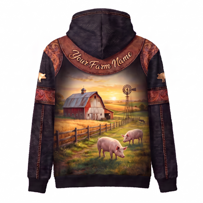 3D Print Pig Ranch Hoodie (Faux Leather Design) - Custom Name & Farm Name Western Style Hoodie