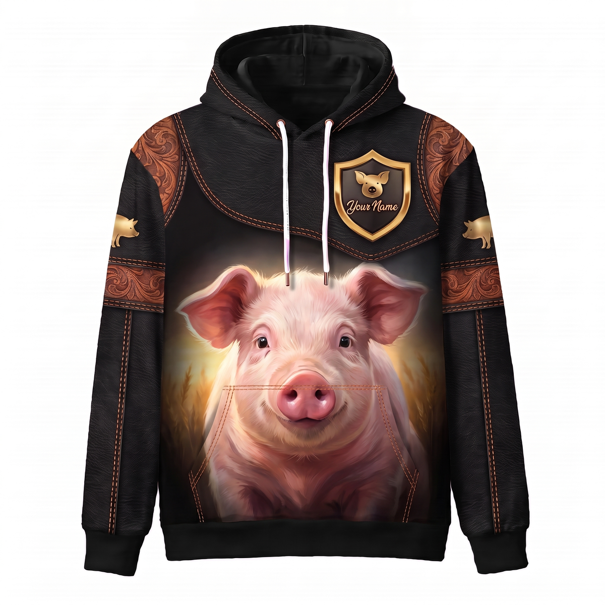 3D Print Pig Ranch Hoodie (Faux Leather Design) - Custom Name & Farm Name Western Style Hoodie