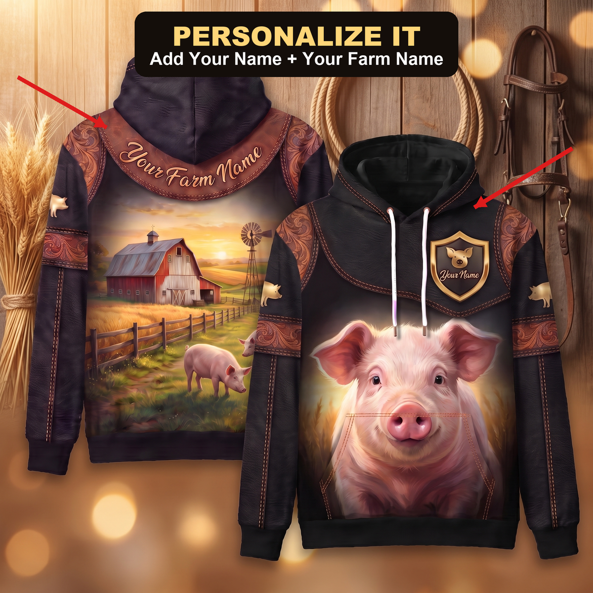 3D Print Pig Ranch Hoodie (Faux Leather Design) - Custom Name & Farm Name Western Style Hoodie