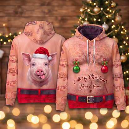 Funny Santa Pig Hairy Belly Hoodie - Custom Name Cute Pig Christmas Hoodie
