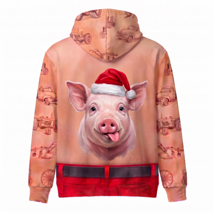 Funny Santa Pig Hairy Belly Hoodie - Custom Name Cute Pig Christmas Hoodie