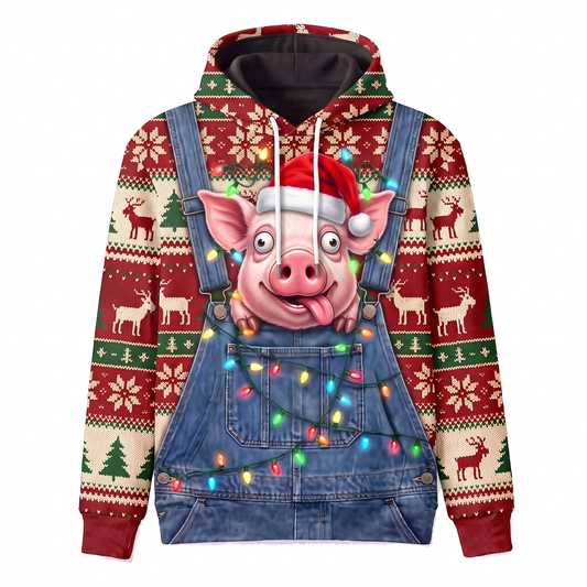 Funny Pig Christmas Hoodie - Overalls Ugly Sweater Print