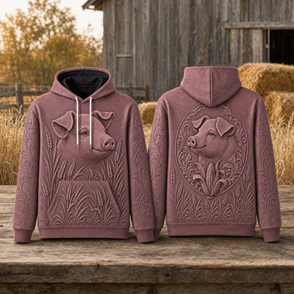 Pig Hoodie – Rustic Farm 3D Effect All-Over Print Unisex Pullover, Dusty Rose, Pig Lover Gift