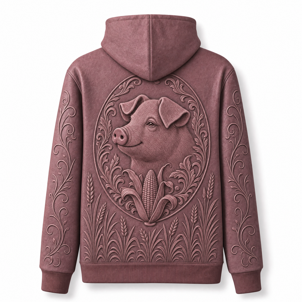 Pig Hoodie – Rustic Farm 3D Effect All-Over Print Unisex Pullover, Dusty Rose, Pig Lover Gift