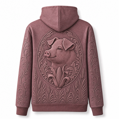 Pig Hoodie – Rustic Farm 3D Effect All-Over Print Unisex Pullover, Dusty Rose, Pig Lover Gift