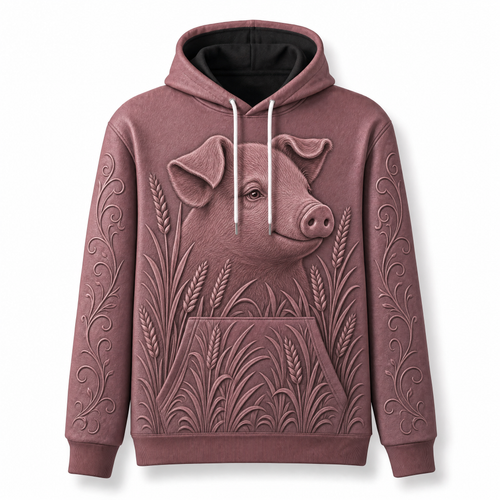 Pig Hoodie – Rustic Farm 3D Effect All-Over Print Unisex Pullover, Dusty Rose, Pig Lover Gift